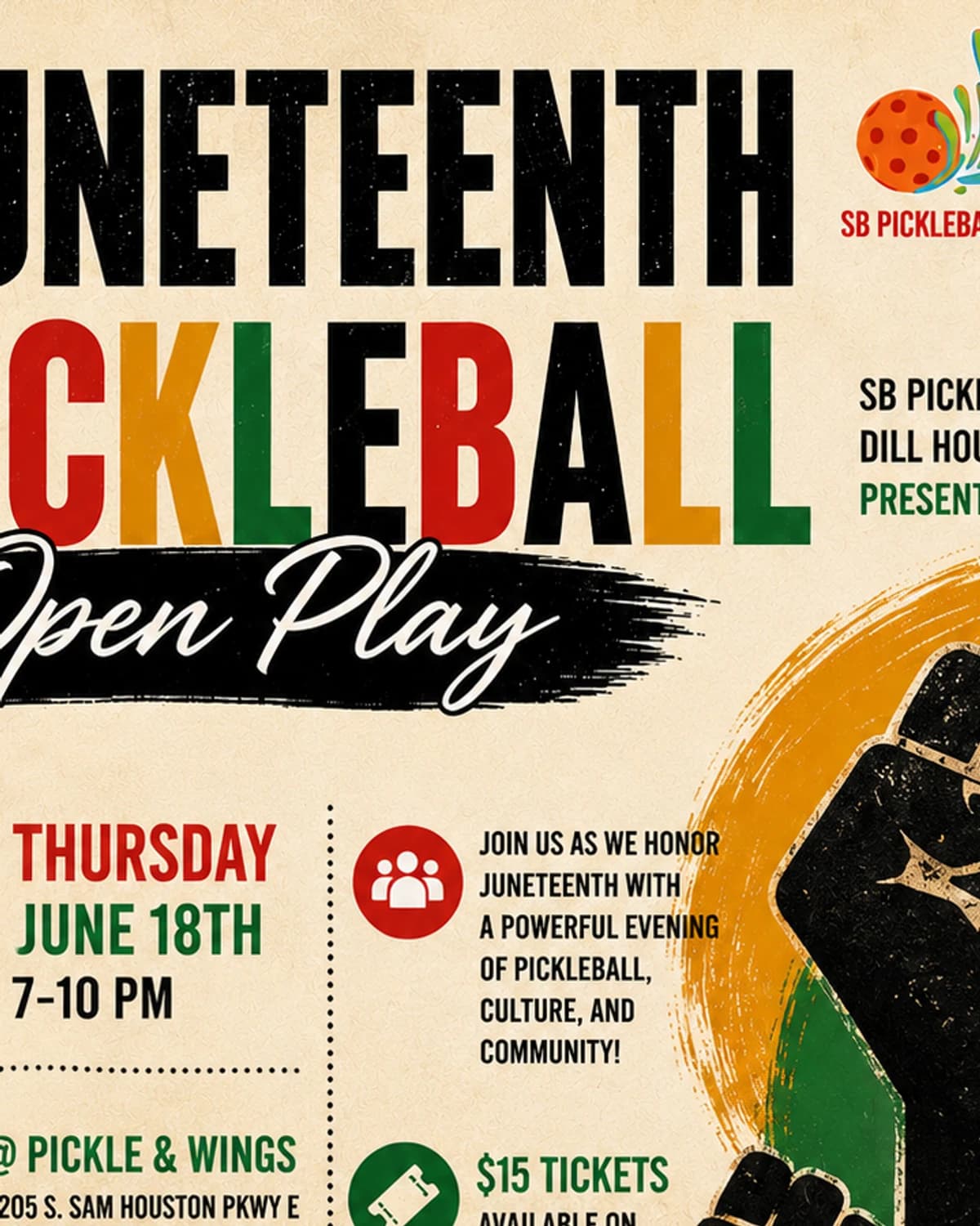 Juneteenth Open Play Pickleball! hosted by SB PICKLEBALL CLUB — team sports in Houston